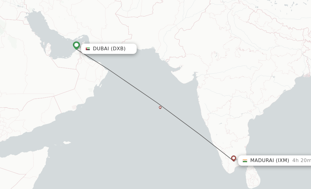 Flights from Dubai to Madurai route map