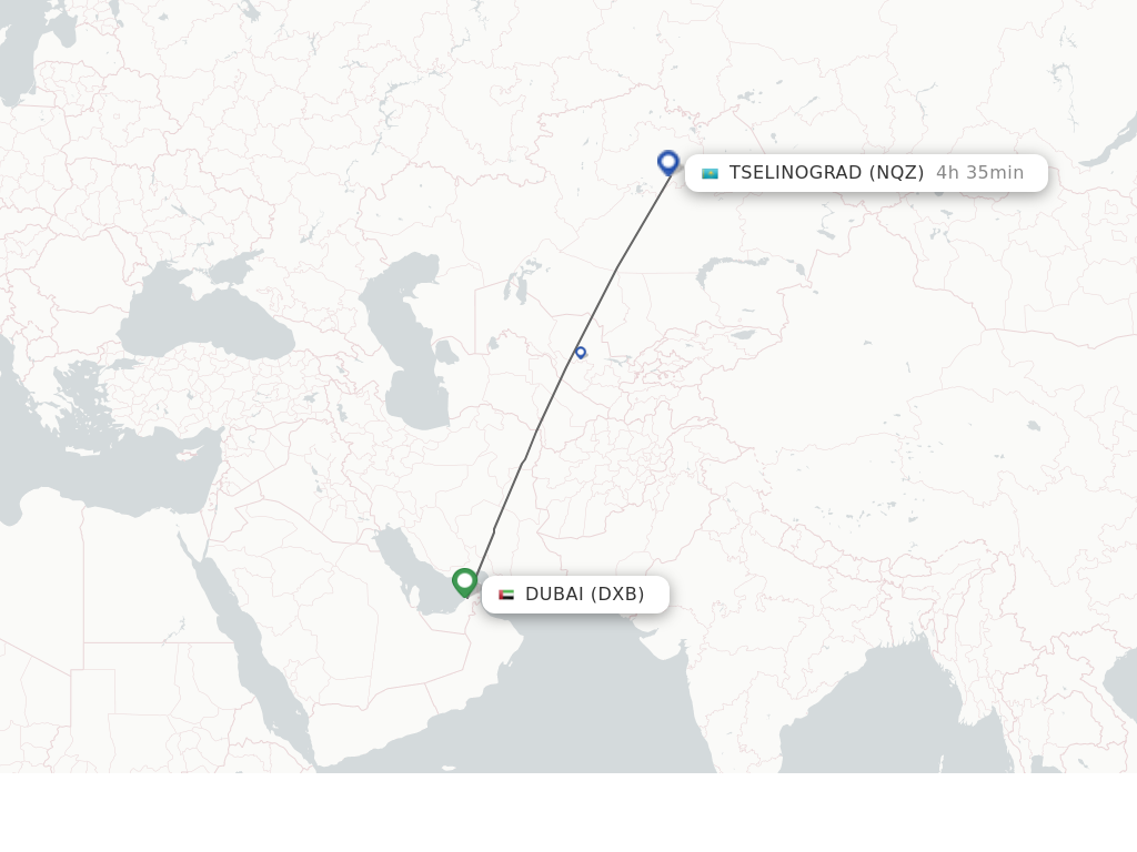 Flights from Dubai to Astana route map