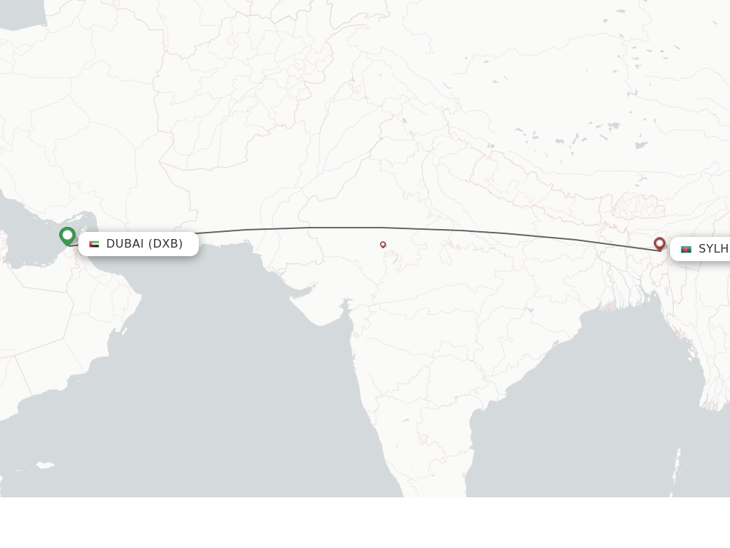Flights from Dubai to Sylhet route map
