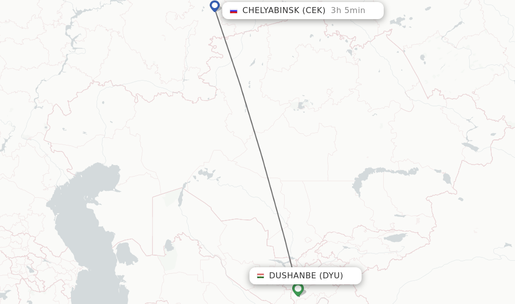 Flights from Dushanbe to Chelyabinsk route map