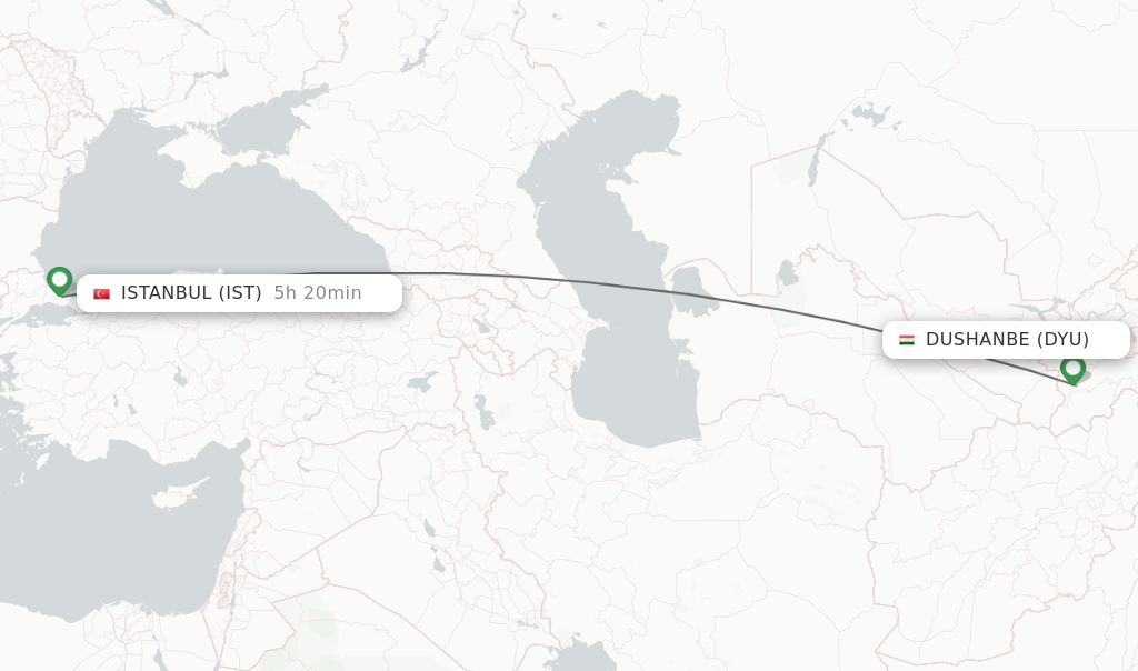 Flights from Dushanbe to Istanbul route map