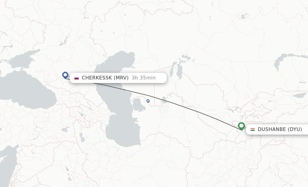 Flights from Dushanbe to Mineralnye Vody route map