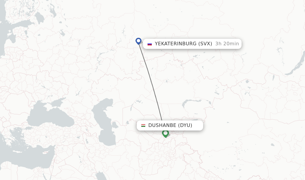 Flights from Dushanbe to Yekaterinburg route map