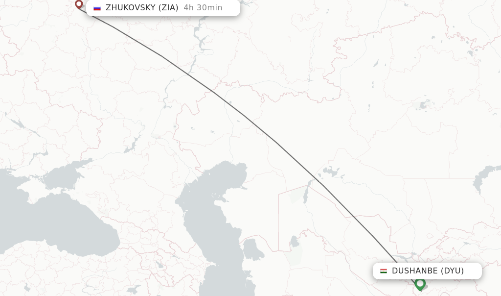 Flights from Dushanbe to Zhukovsky route map