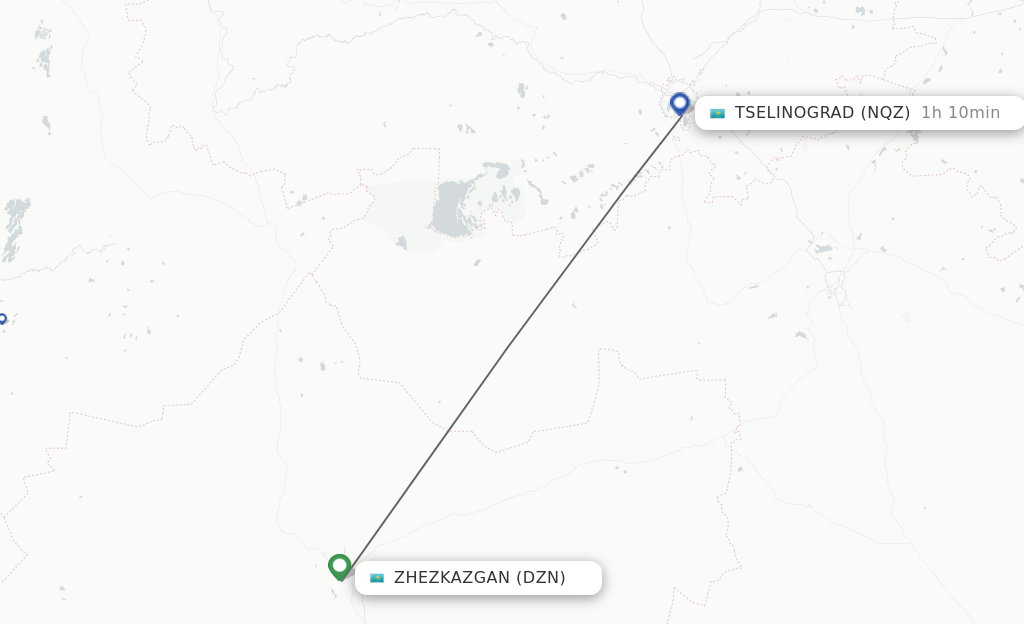 Flights from Zhezkazgan to Astana route map