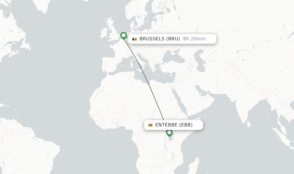 Flights from Brussels to Entebbe route map