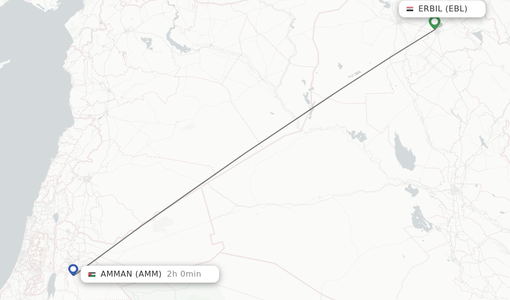 Flights from Erbil to Amman route map