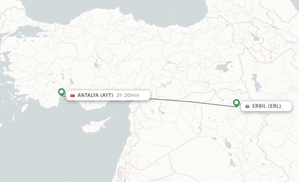 Flights from Erbil to Antalya route map