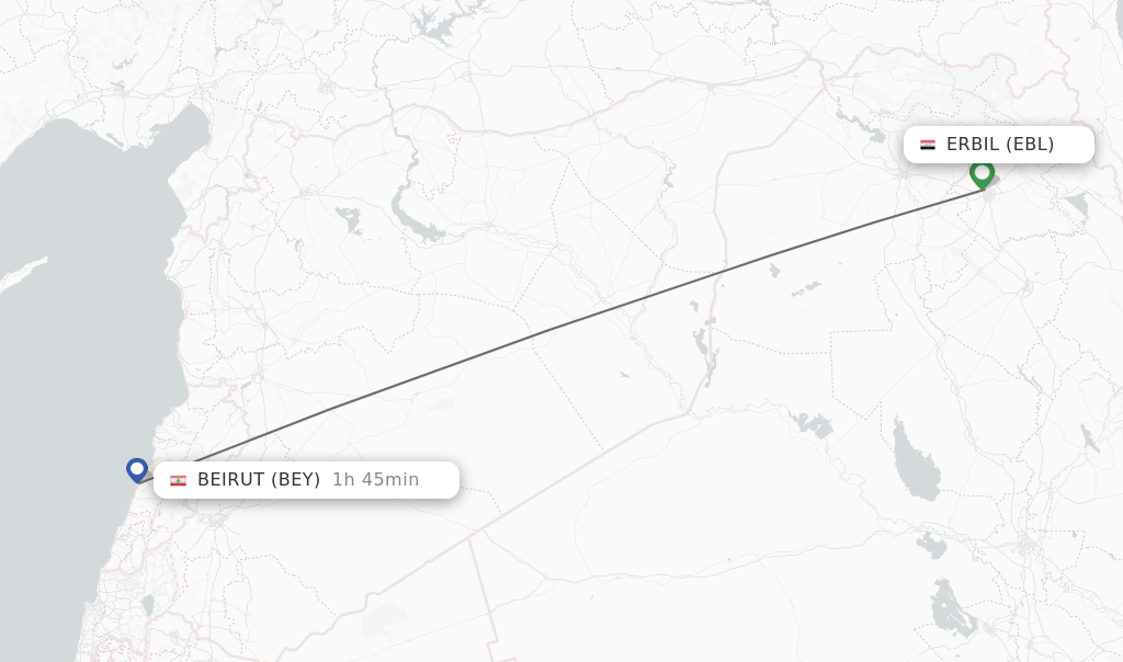 Flights from Erbil to Beirut route map