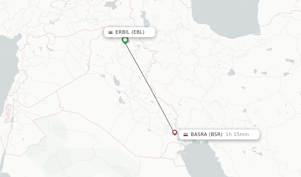 Flights from Erbil to Basra route map