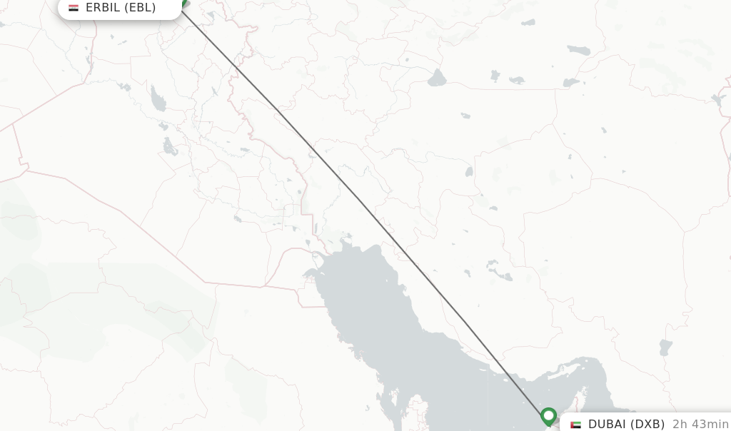 Flights from Erbil to Dubai route map
