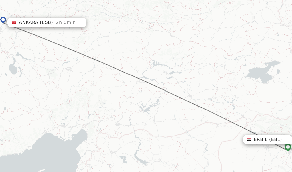 Flights from Erbil to Ankara route map
