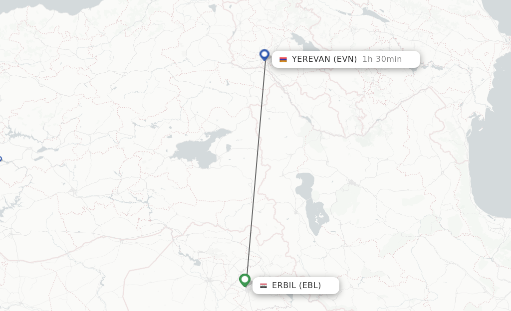 Flights from Erbil to Yerevan route map