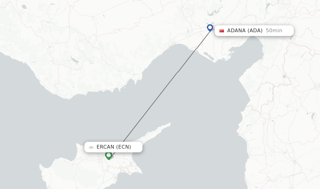 Flights from Ercan to Adana route map