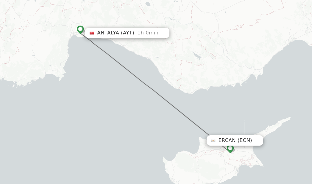 Flights from Ercan to Antalya route map