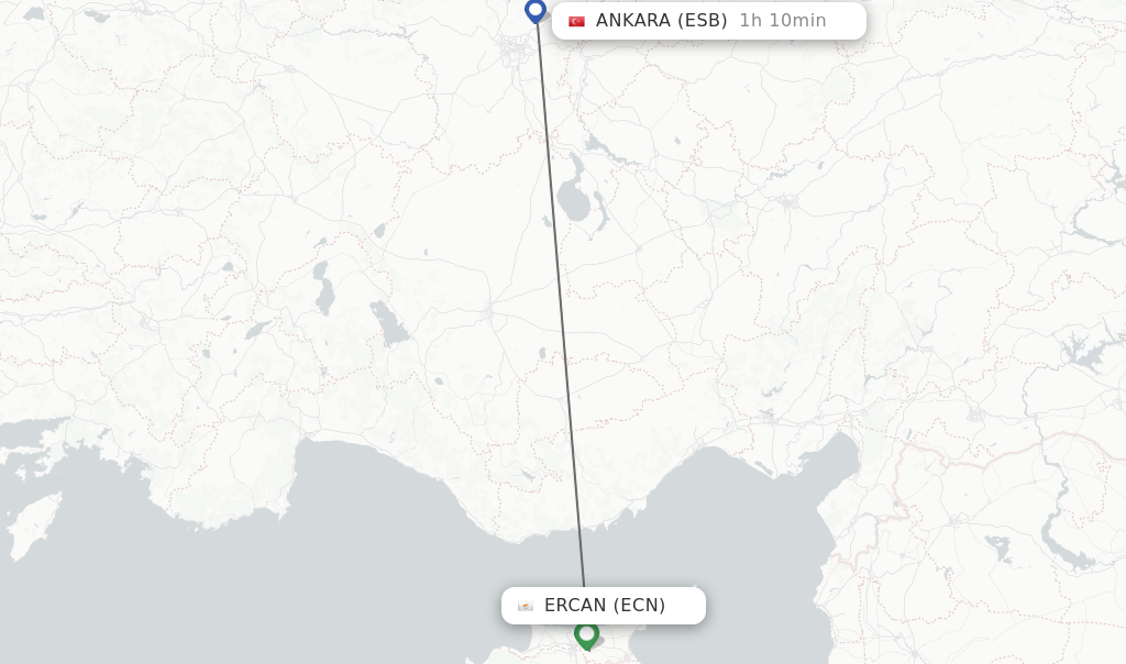 Flights from Ercan to Ankara route map