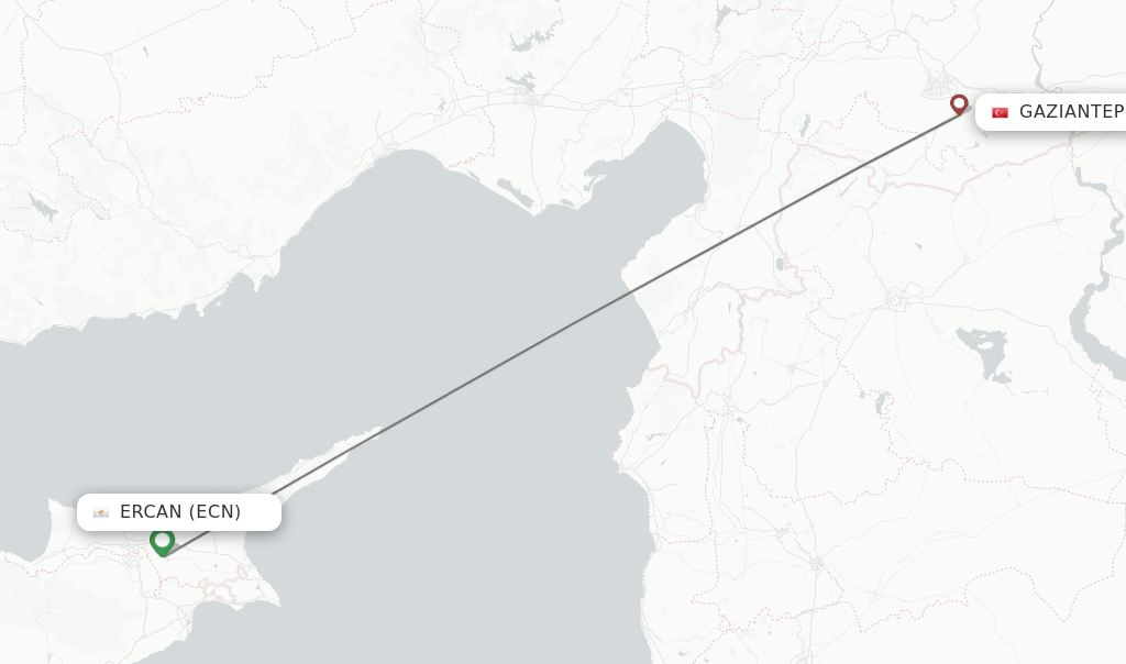 Flights from Ercan to Gaziantep route map
