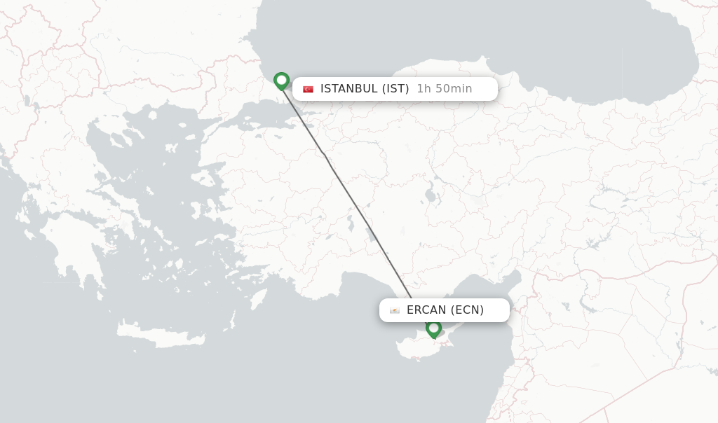 Flights from Ercan to Istanbul route map