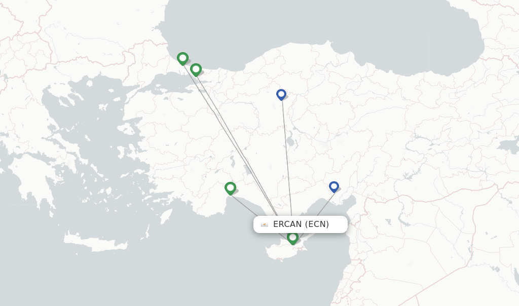 Route map with flights from Ercan with Turkish Airlines