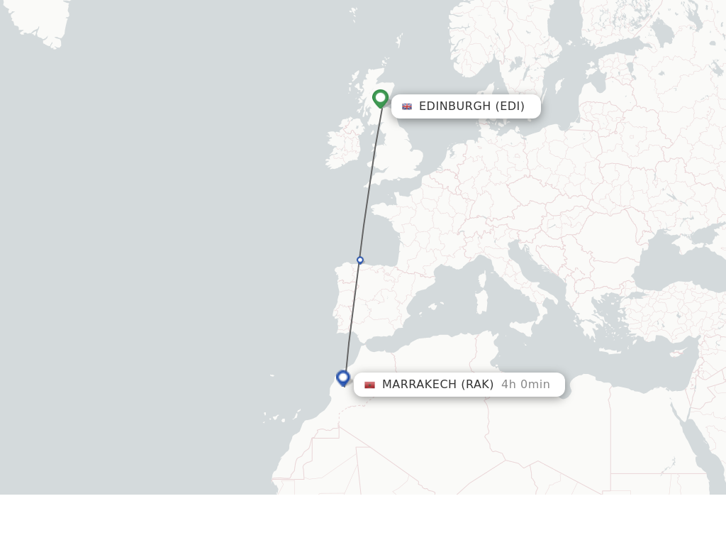 Flights from Edinburgh to Marrakech route map