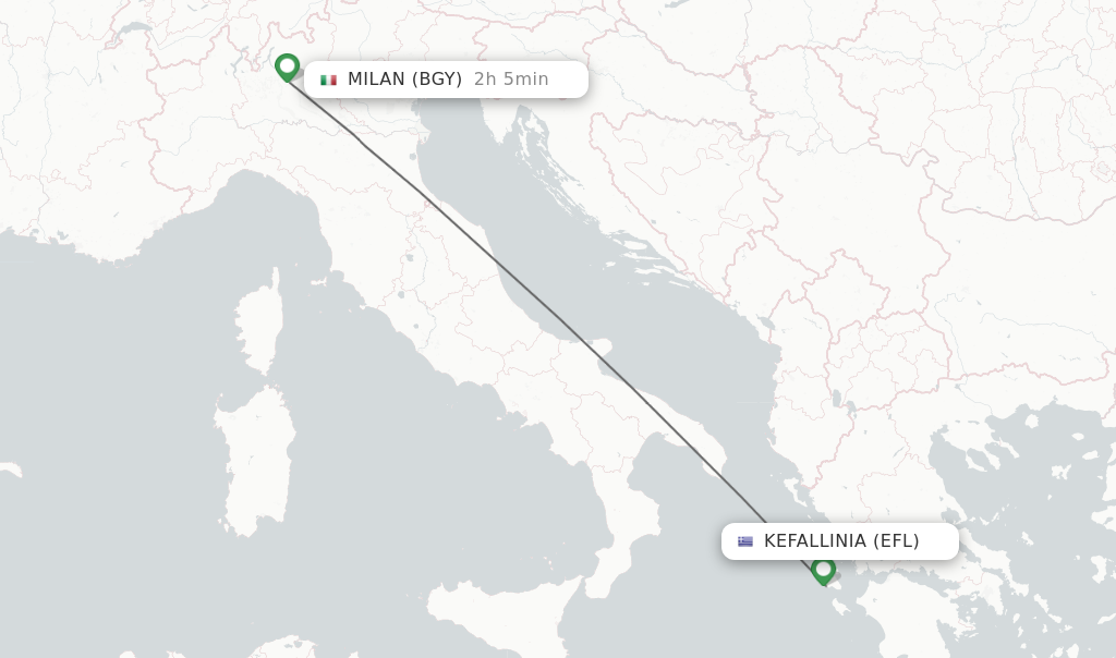 Flights from Kefallinia to Milan route map