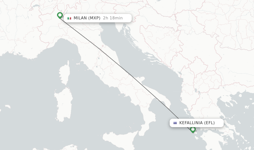 Flights from Kefallinia to Milan route map
