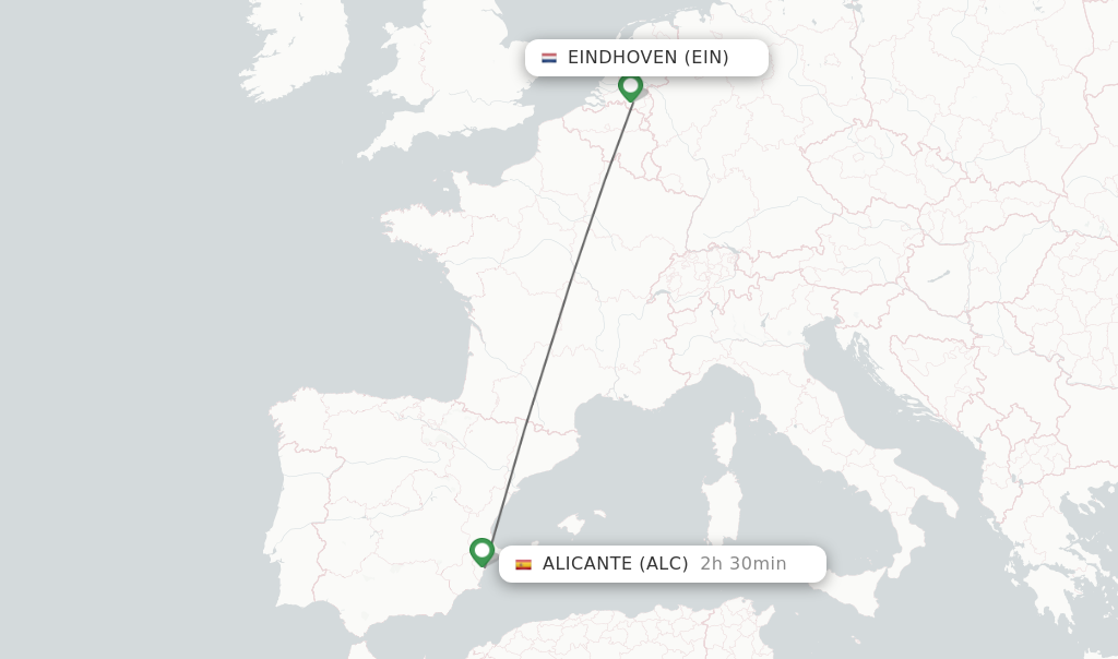 Flights from Eindhoven to Alicante route map