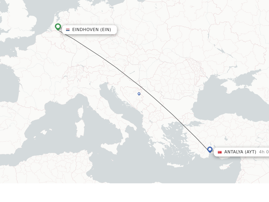 Flights from Eindhoven to Antalya route map