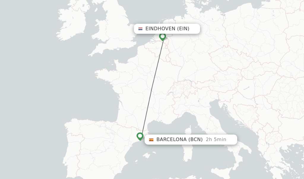 Flights from Eindhoven to Barcelona route map