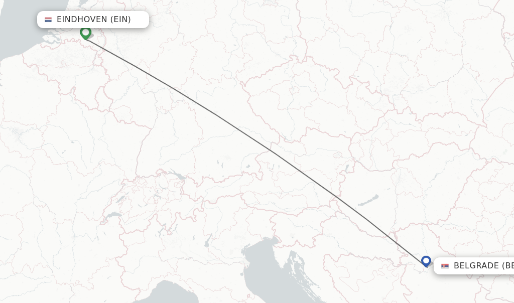 Flights from Eindhoven to Belgrade route map