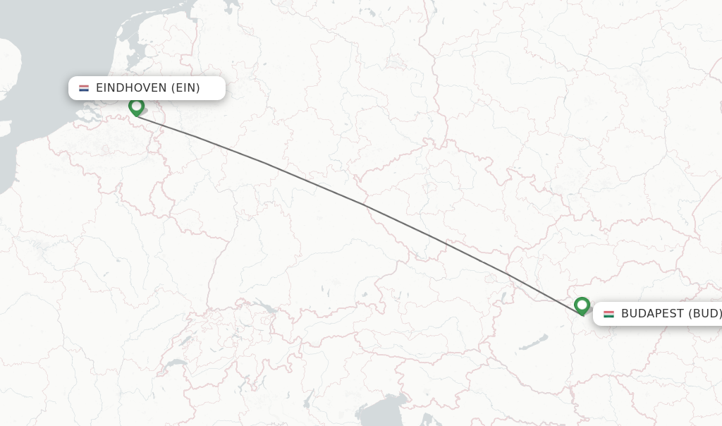 Flights from Eindhoven to Budapest route map