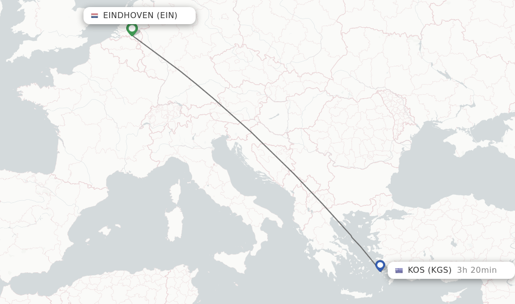Flights from Eindhoven to Kos route map