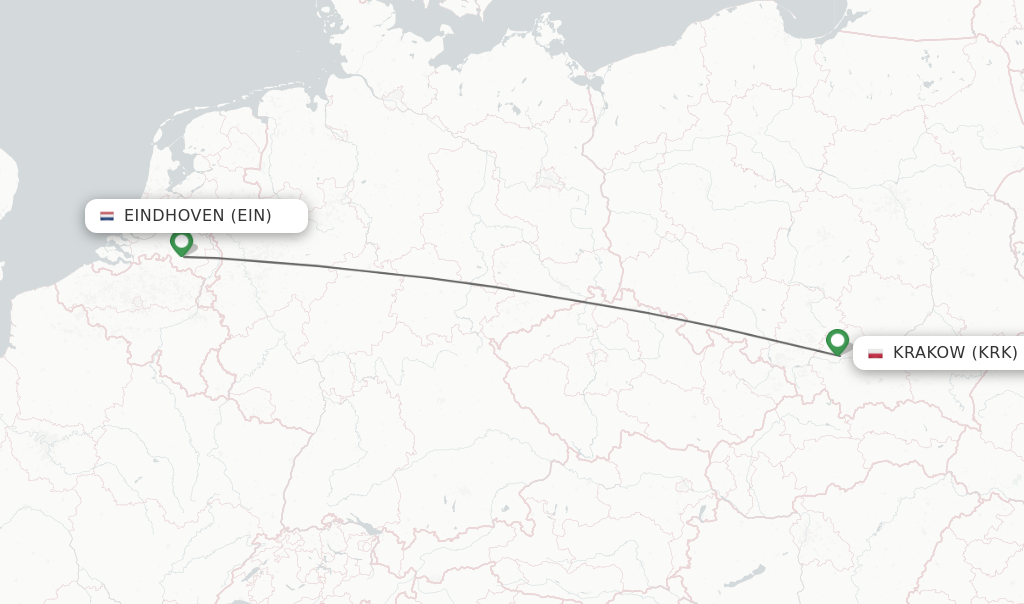 Flights from Eindhoven to Krakow route map