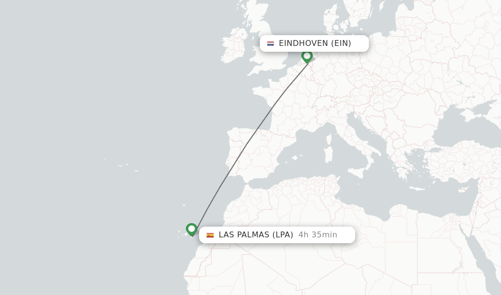Flights from Eindhoven to Las Palmas route map