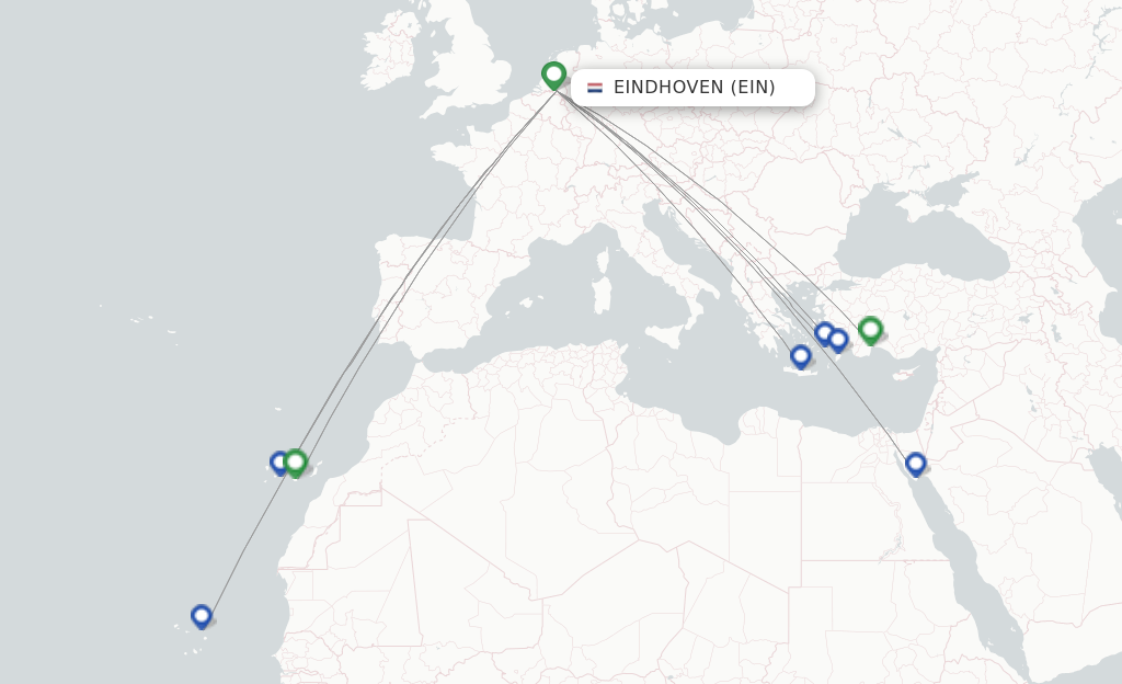 Route map with flights from Eindhoven with TUIfly Netherlands