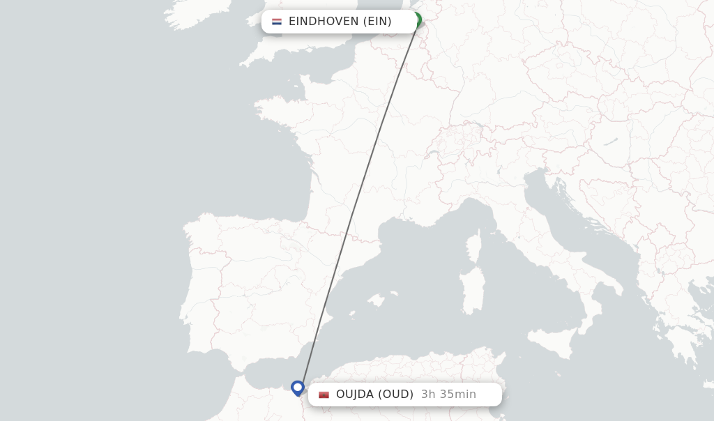 Flights from Eindhoven to Oujda route map