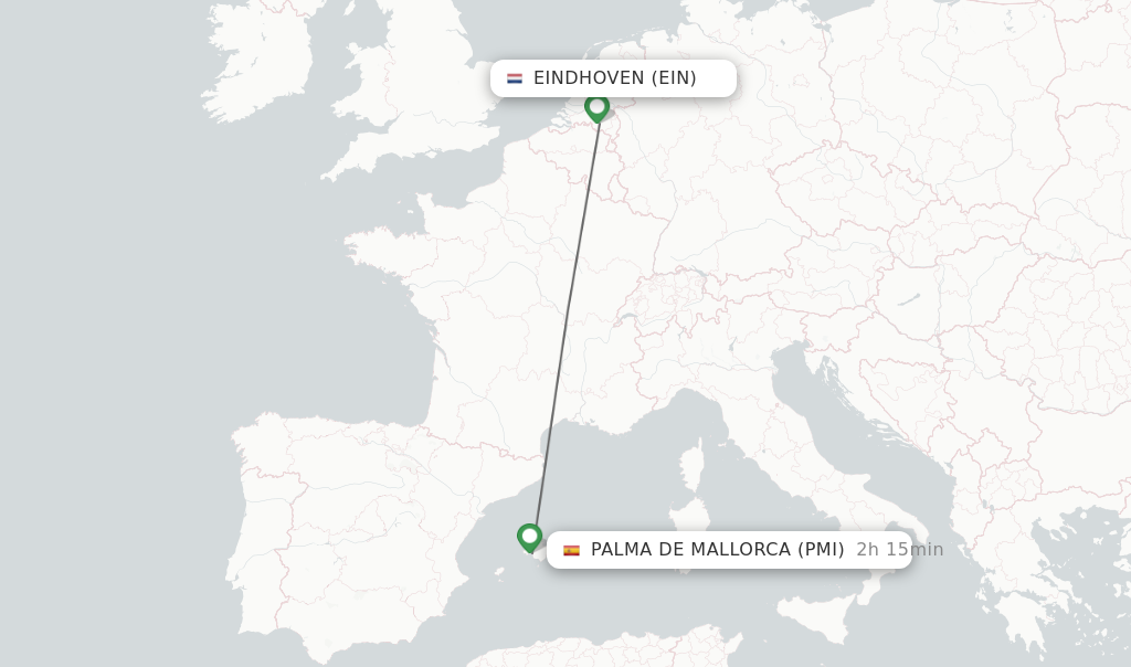Flights from Eindhoven to Palma de Mallorca route map