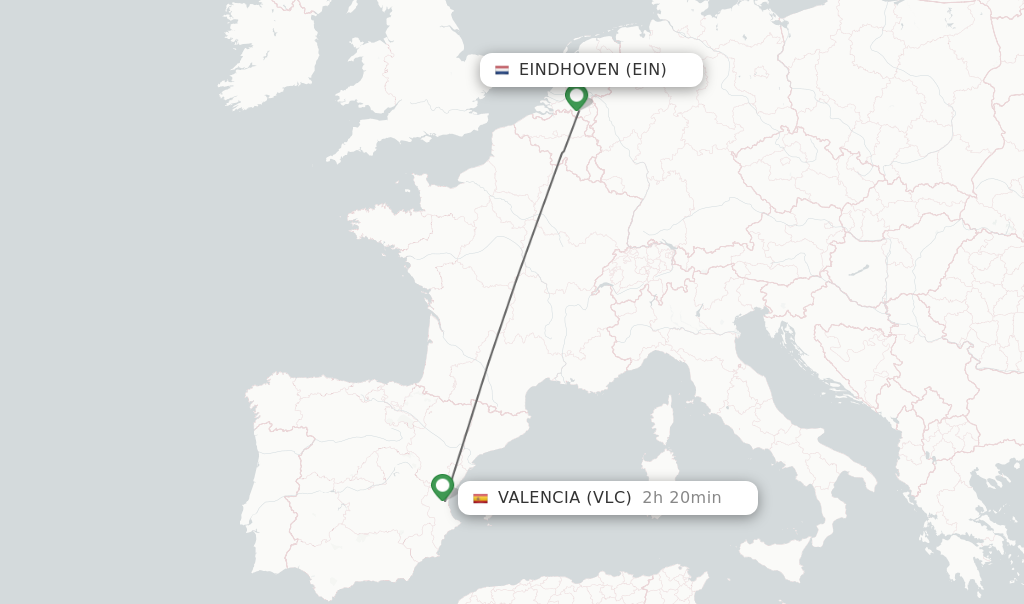 Flights from Eindhoven to Valencia route map