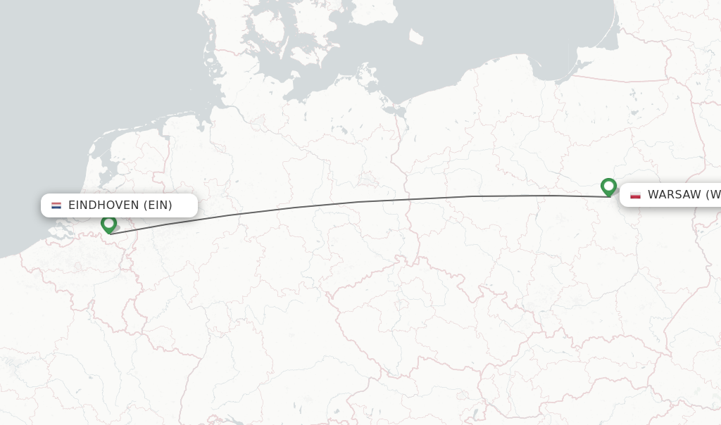 Flights from Eindhoven to Warsaw route map