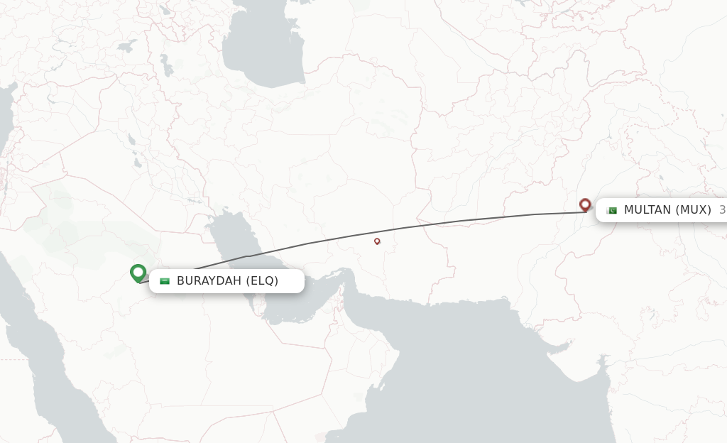 Flights from Gassim to Multan route map