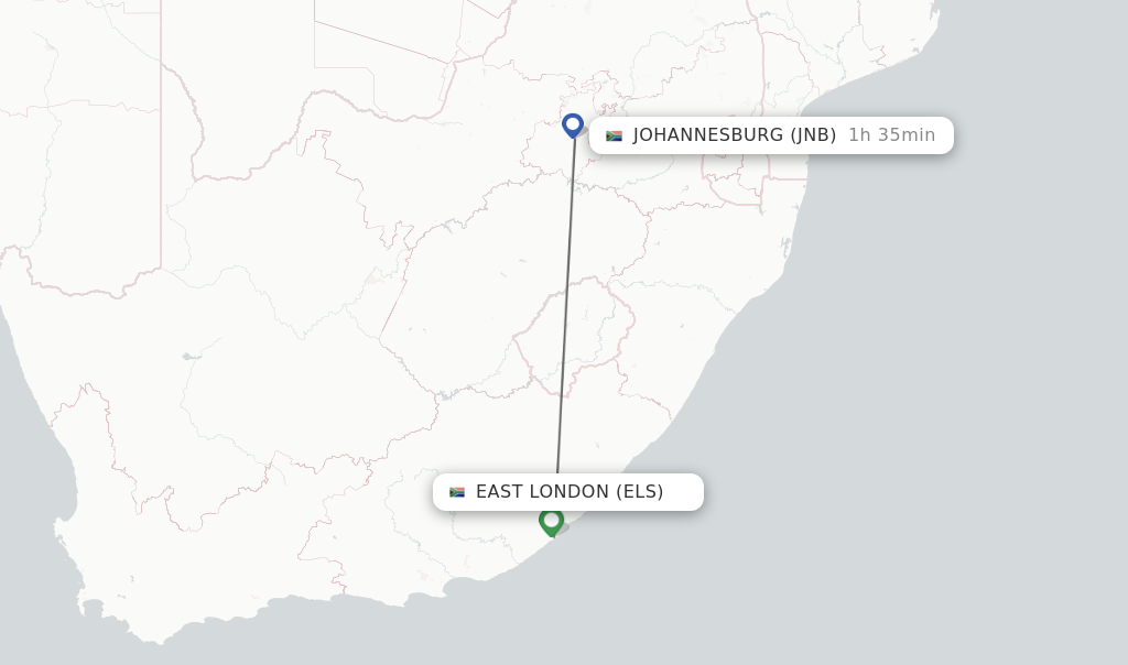 Flights from East London to Johannesburg route map