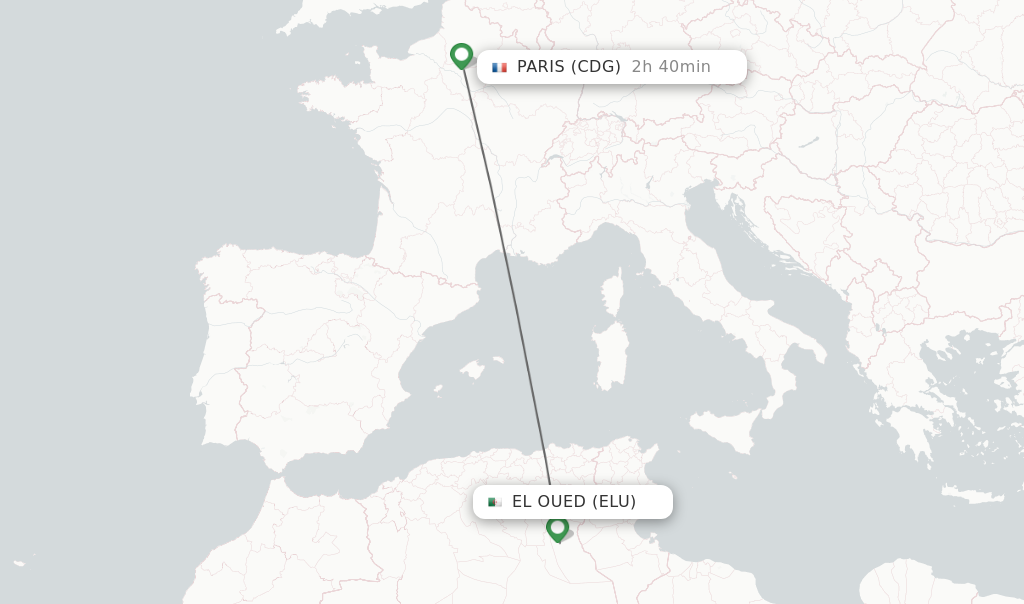 Flights from El Oued to Paris route map