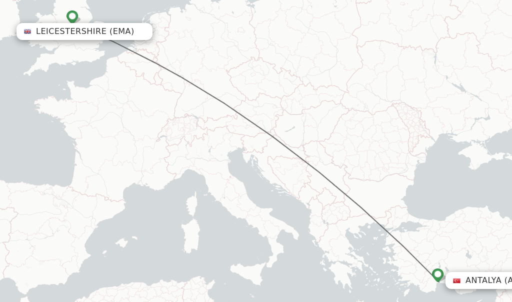 Flights from Leicestershire to Antalya route map
