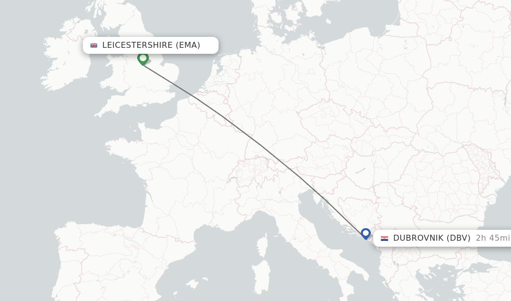 Flights from Leicestershire to Dubrovnik route map