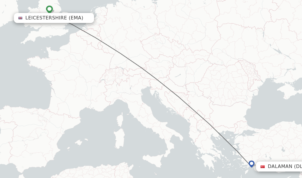Flights from Leicestershire to Dalaman route map