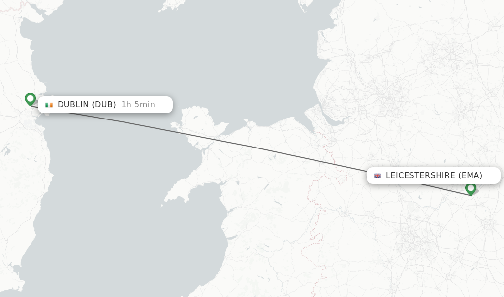 Flights from Leicestershire to Dublin route map
