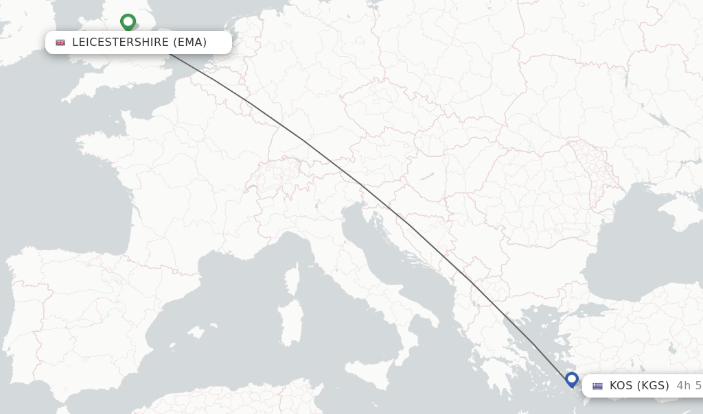 Flights from Leicestershire to Kos route map
