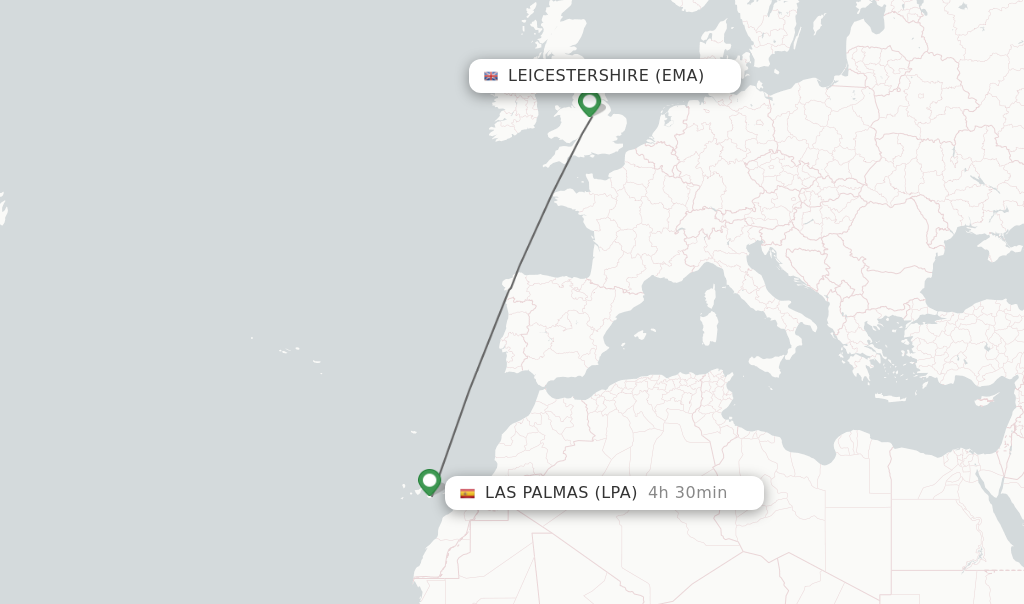Flights from Leicestershire to Las Palmas route map