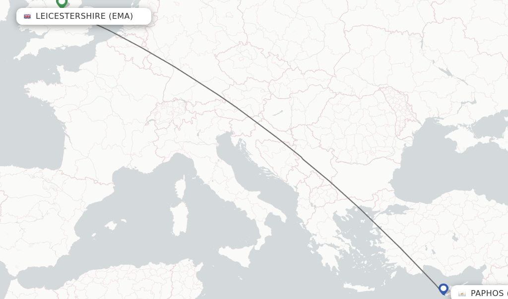 Flights from Leicestershire to Paphos route map