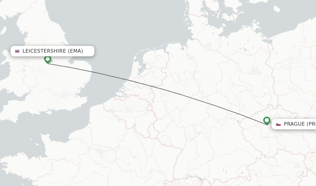 Flights from Leicestershire to Prague route map